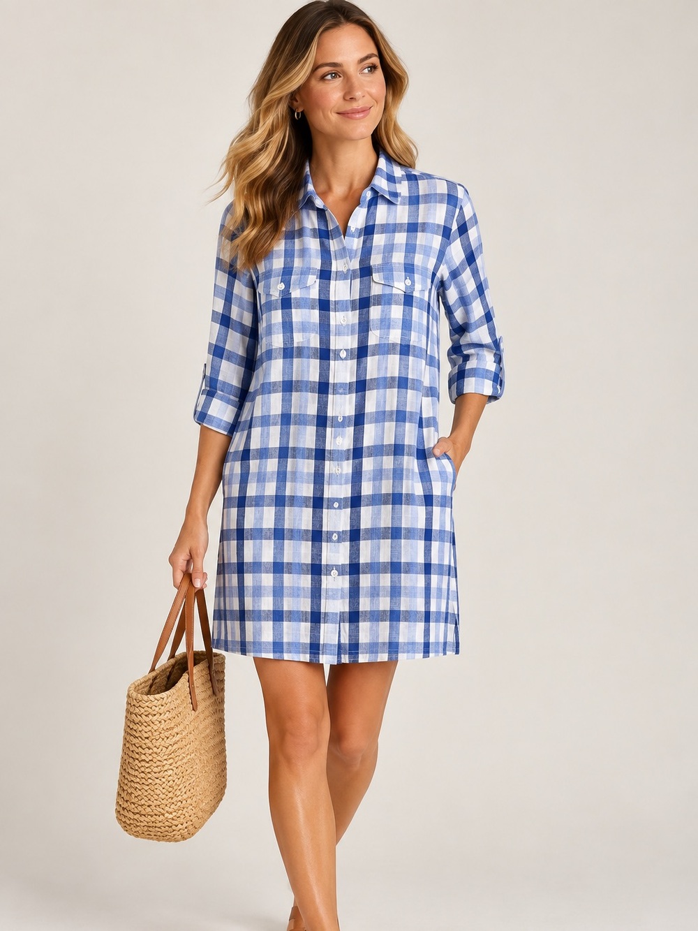 J.McLaughlin Blue White Plaid 100% Linen Shirt Dress Size 6 Roll Tab Sleeve